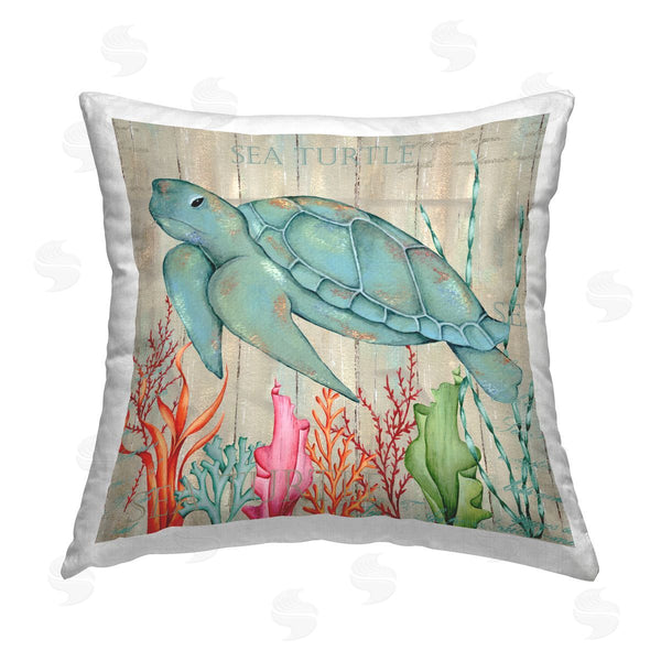 stupell industries Emma Leach | Blue Sea Turtle Rustic Coral Printed Throw Pillow