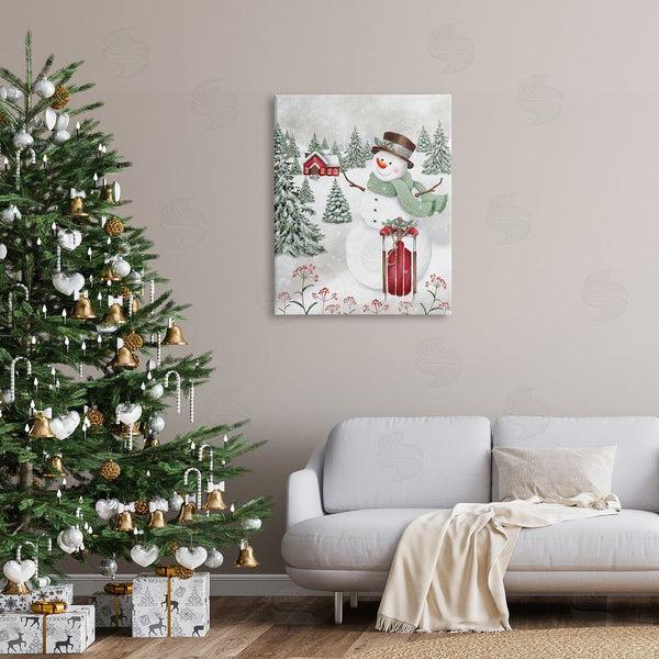 Stupell Industries Emma Leach | Cheerful Snowman Red Sleigh Sled Holly Botanicals Wall Art