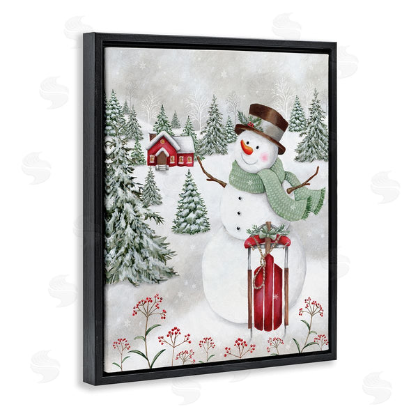 Stupell Industries Emma Leach | Cheerful Snowman Red Sleigh Sled Holly Botanicals Wall Art