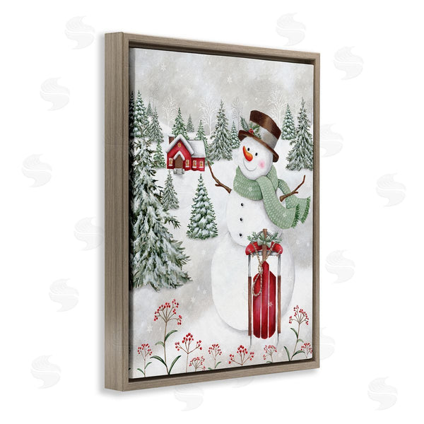 Stupell Industries Emma Leach | Cheerful Snowman Red Sleigh Sled Holly Botanicals Wall Art