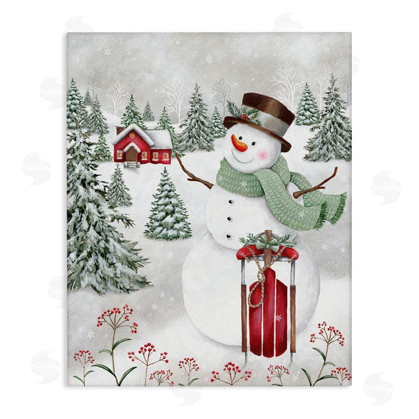 stupell industries Emma Leach | Cheerful Snowman Red Sleigh Sled Holly Botanicals Wall Art