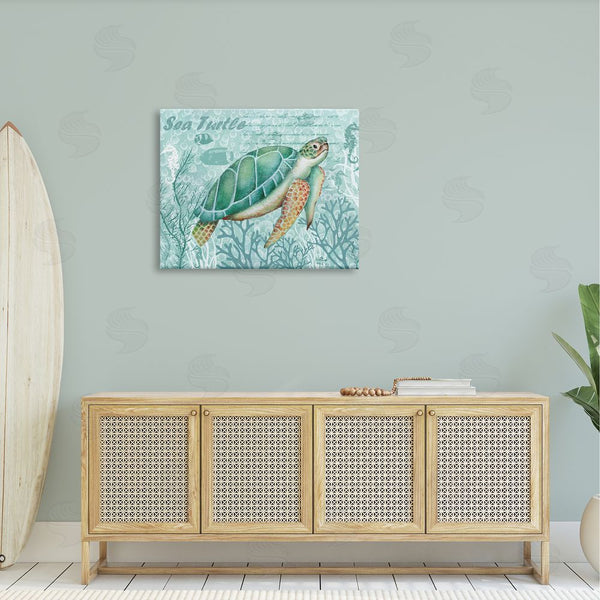 Stupell Industries Emma Leach | Coral Bordered Sea Turtle Seahorse Script Calligraphy Wall Art