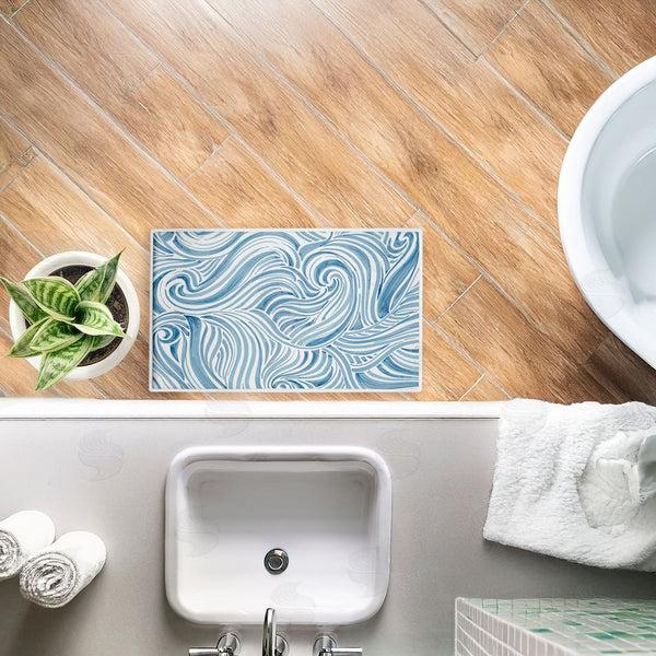 Stupell Industries Emma Peal | Blue Sea Scrolls Pattern Plush Bath Mat