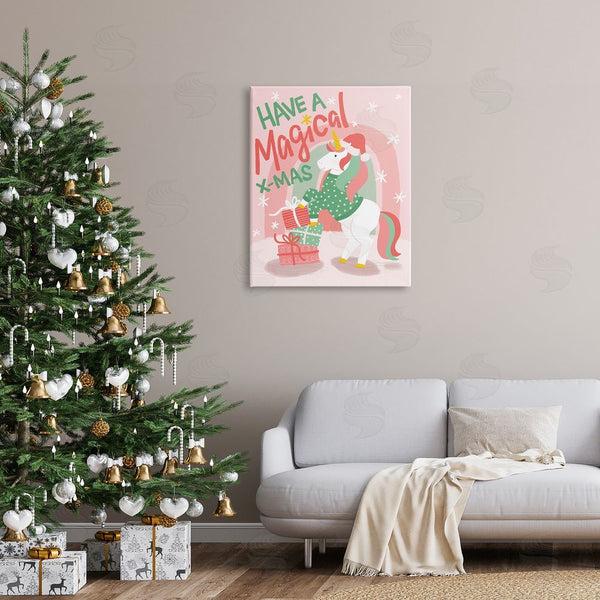 Stupell Industries EmmaKisstina | Magical X-Mas Pink Unicorn Rainbow Holiday Gifts Wall Art