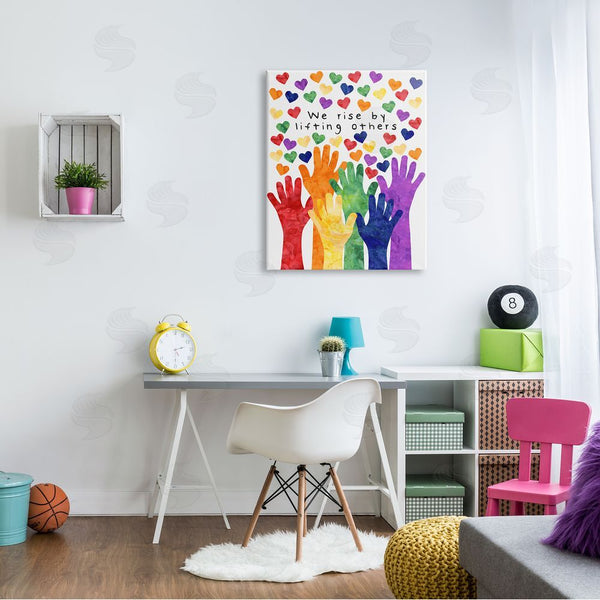 Stupell Industries Erica Billups | We Rise By Lifting Others Rainbow Hand Hearts Wall Art