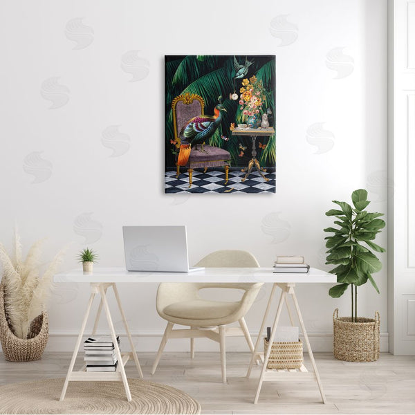 Stupell Industries Erika C. Brothers | Regal Peacock On Chair Falling Palm Fronds Wall Art