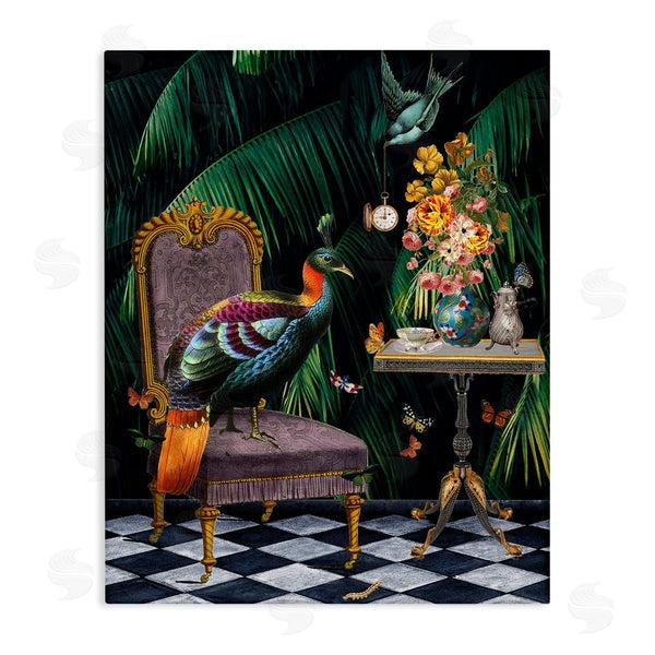 stupell industries Erika C. Brothers | Regal Peacock On Chair Falling Palm Fronds Wall Art