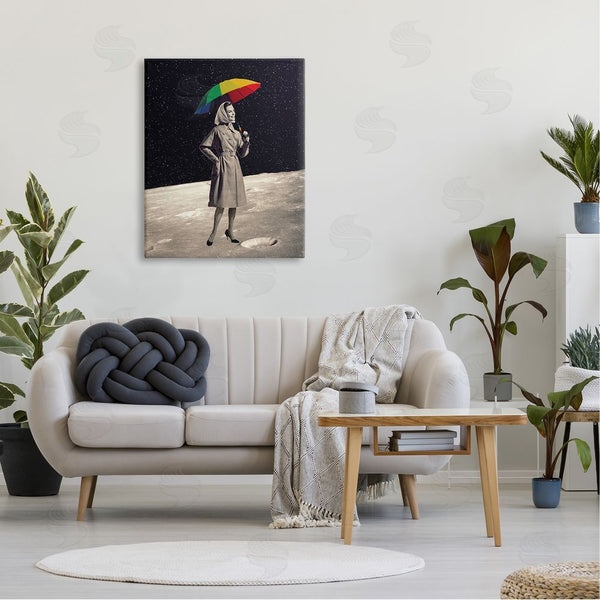 Stupell Industries Erika C. Brothers | Vintage Woman Outer Space Moon Rainbow Umbrella Wall Art
