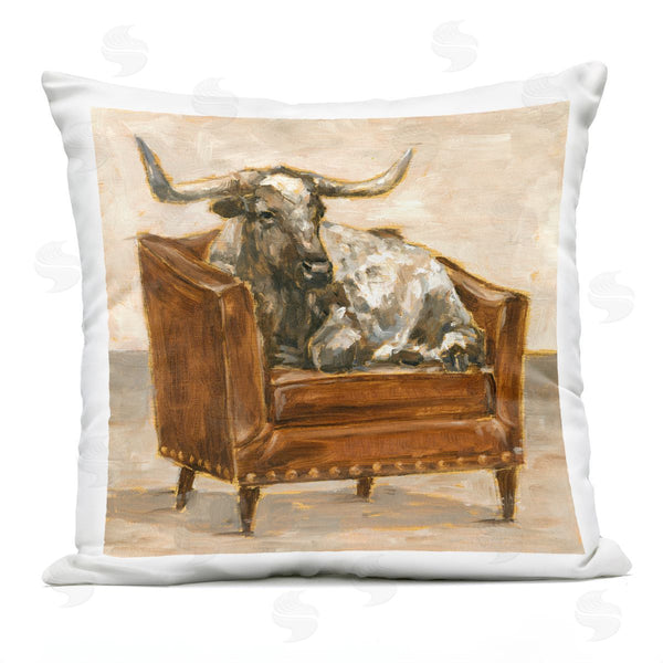Stupell Industries Ethan Harper | Brown Bull Resting In Orange Brown Chair Printed Throw Pillow