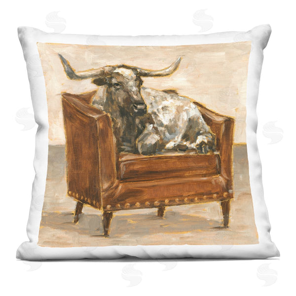 stupell industries Ethan Harper | Brown Bull Resting in Orange Brown Chair Printed Throw Pillow