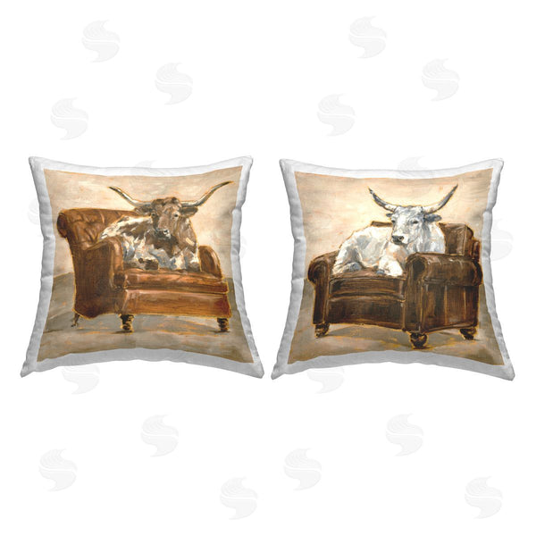 stupell industries Ethan Harper | Country Cattle Long Horns on Chairs Printed Throw Pillow Set
