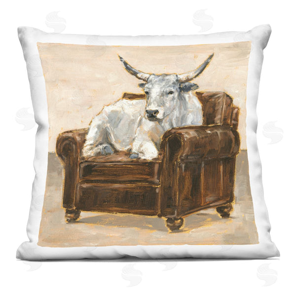 stupell industries Ethan Harper | Longhorn White Bull Resting in Brown Chair Printed Throw Pillow