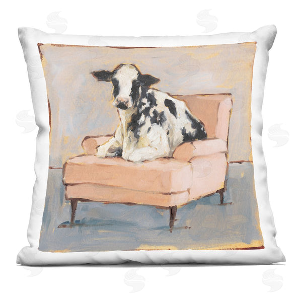 stupell industries Ethan Harper | Sweet Dairy Cow on a Peach Farm Chair Printed Throw Pillow