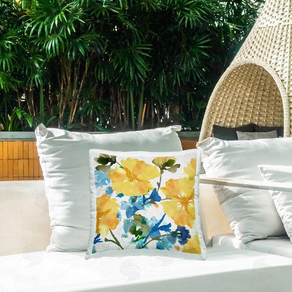 Stupell Industries Flora Kouta | Blue & Yellow Hibiscus Printed Throw Pillow