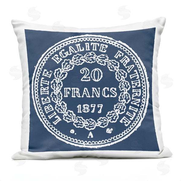 Stupell Industries Geoff Tygert | Blue Vintage Franc Coin Printed Throw Pillow