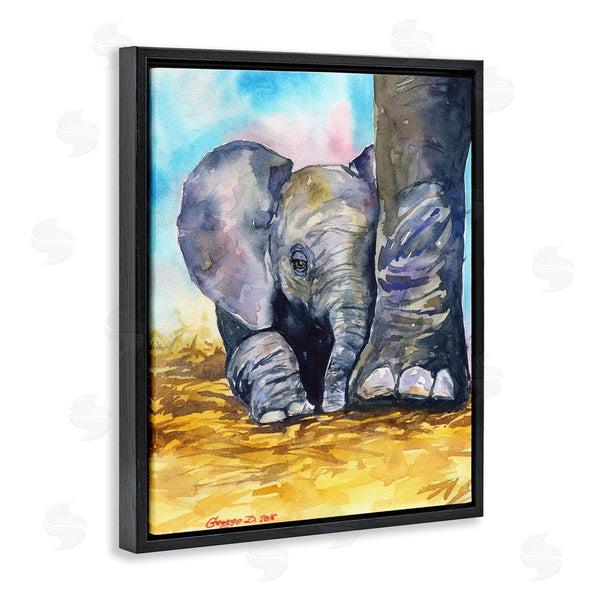 Stupell Industries George Dyachenko | Baby Elephant At Feet Portrait Vibrant Blue Yellow Wall Art
