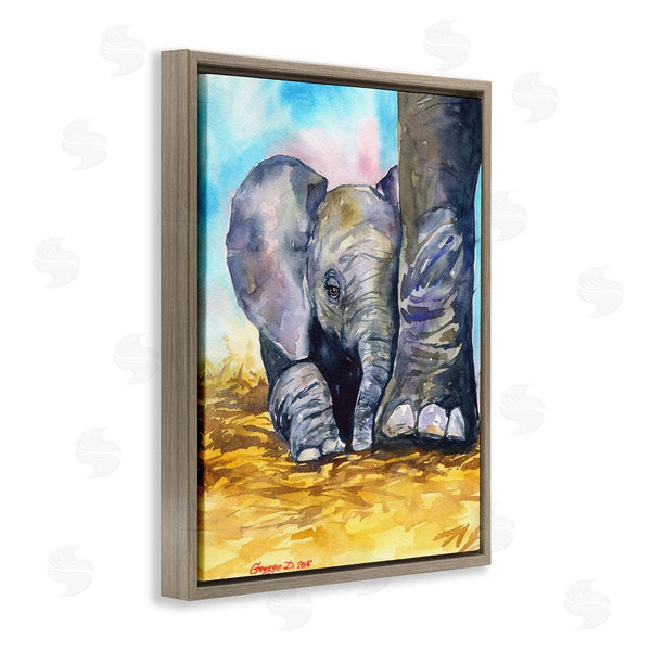 Stupell Industries George Dyachenko | Baby Elephant At Feet Portrait Vibrant Blue Yellow Wall Art