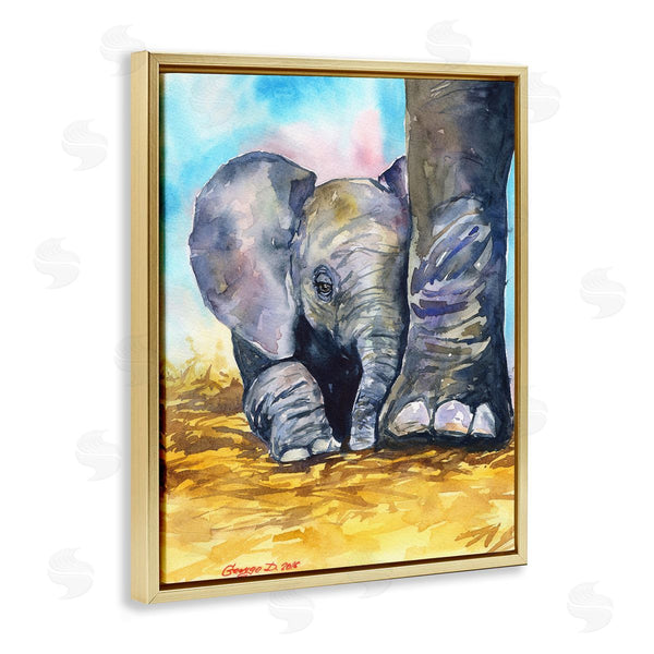 Stupell Industries George Dyachenko | Baby Elephant At Feet Portrait Vibrant Blue Yellow Wall Art