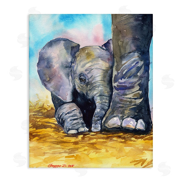 stupell industries George Dyachenko | Baby Elephant at Feet Portrait Vibrant Blue Yellow Wall Art