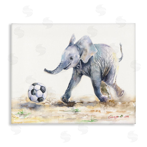 stupell industries George Dyachenko | Elephant Baby Playing Soccer Adorable Jungle Animal