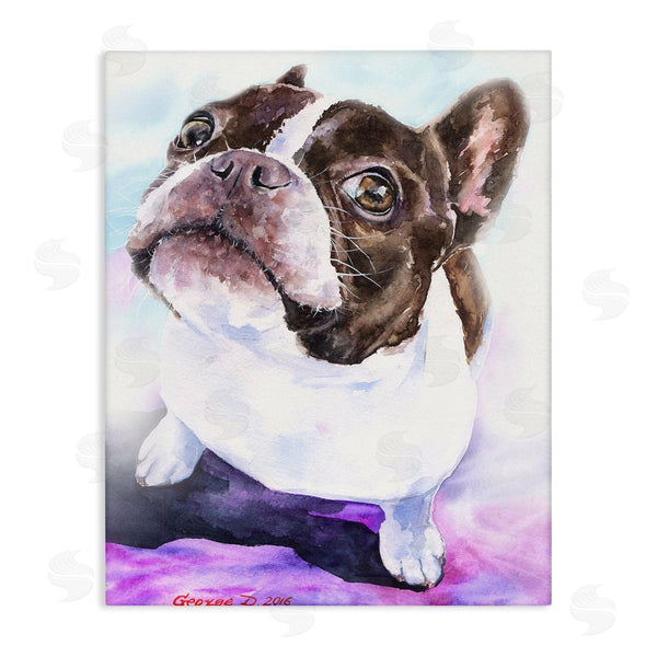 stupell industries George Dyachenko | Happy Boston Terrier Pet Dog Portrait Black Purple