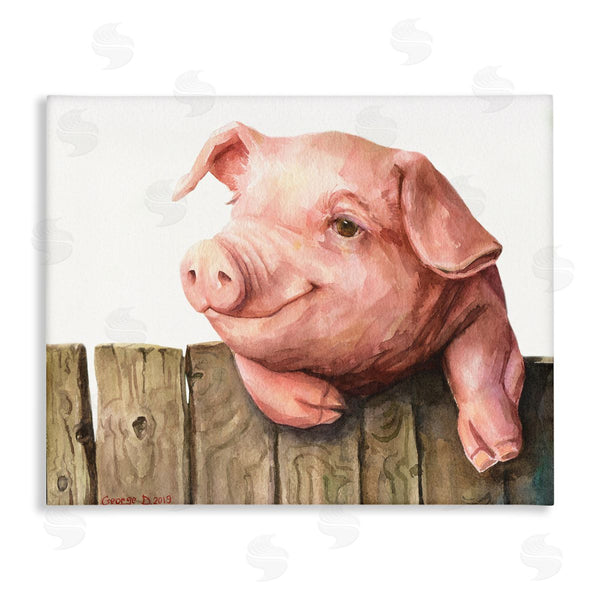 stupell industries George Dyachenko | Piglet on Wooden Fence Pink Farm Animal