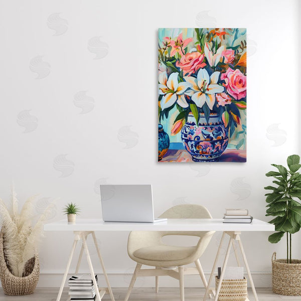Stupell Industries Gina Kelly | Colorful Flowers In Blue Ornate Vase Wall Art