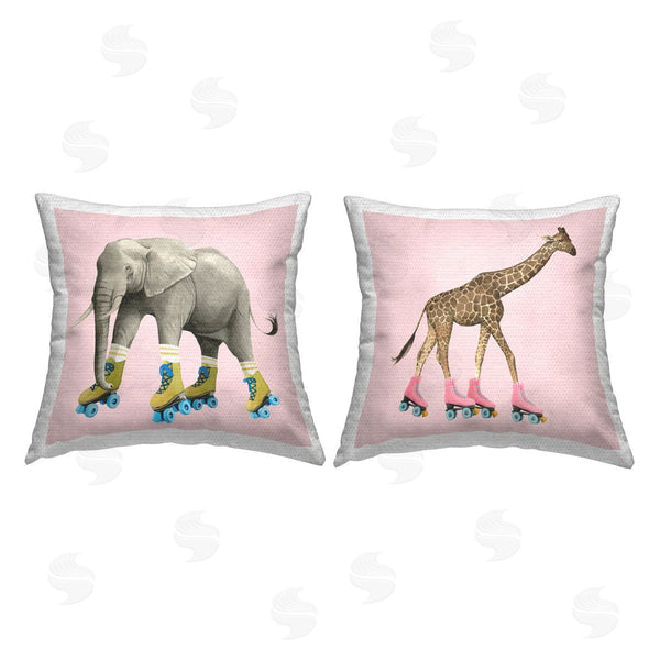 Stupell Industries Grace Popp | Elephant And Giraffe Roller Skating Retro Pink Printed Throw Pillow Set