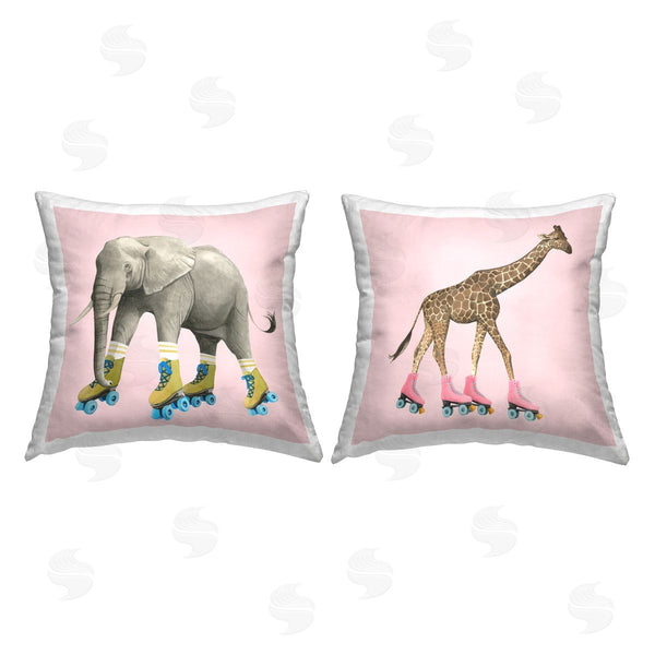 stupell industries Grace Popp | Elephant and Giraffe Roller Skating Retro Pink Printed Throw Pillow Set