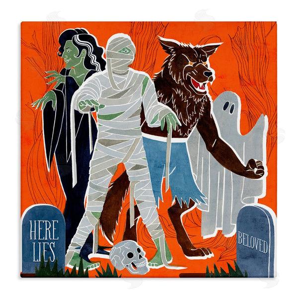 stupell industries Grace Popp | Spooky Halloween Monsters Orange Graveyard Ghost