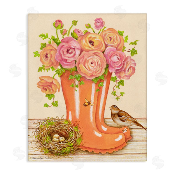 stupell industries Gwendolyn Babbit | Charming Orange Rainboots Rose Bouquet Wall Art
