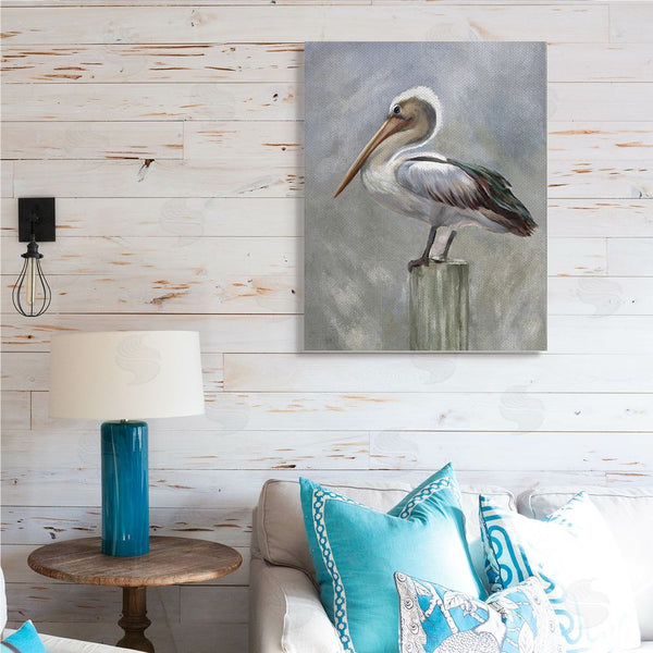 Stupell Industries Heather Hayes | Pelican Resting On Wooden Pillar Soft Grey Wall Art