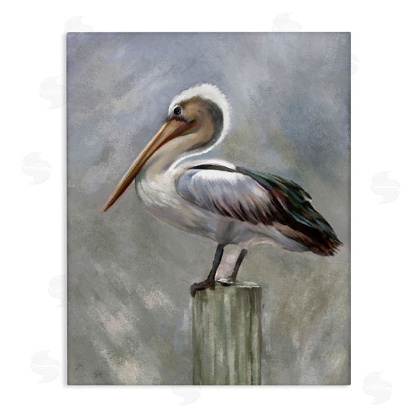 stupell industries Heather Hayes | Pelican Resting on Wooden Pillar Soft Grey Wall Art
