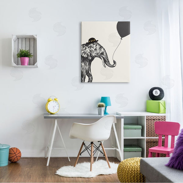 Stupell Industries Heather McLaughlin | Elephant With Derby Hat Holding Black Balloon Wall Art
