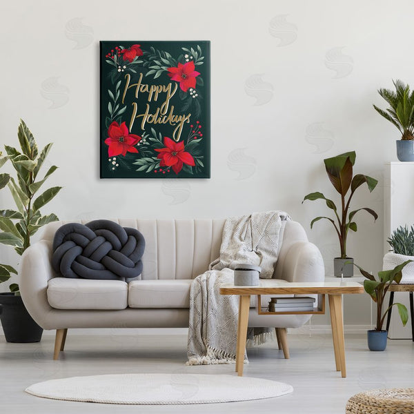 Stupell Industries Heather McLaughlin | Happy Holidays Greeting Red Winter Poinsettia Florals Wall Art