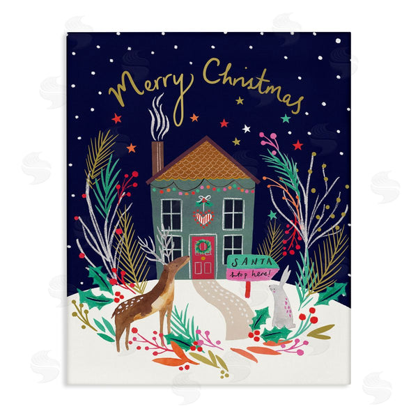stupell industries Heather McLaughlin | Merry Christmas Family Home Scene Festive Reindeer Holly Wall Art