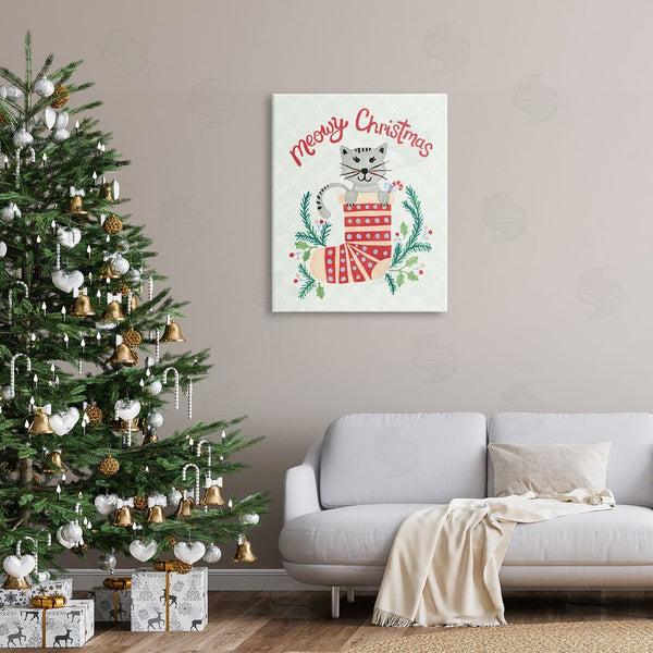 Stupell Industries Heather Strianese | Meowy Christmas Clever Cat Nestled Patterned Stocking Wall Art