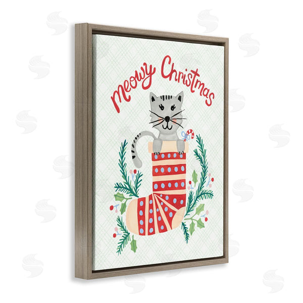 Stupell Industries Heather Strianese | Meowy Christmas Clever Cat Nestled Patterned Stocking Wall Art