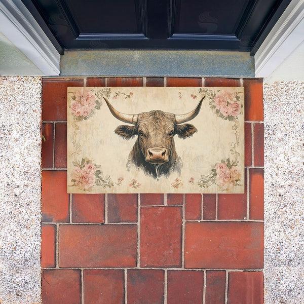Stupell Industries Heidi Kuntz | Cattle With Floral Border Non-Woven Door Mat