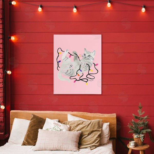 Stupell Industries Hillary Holt | Cat With Christmas Lights Pink Wall Art