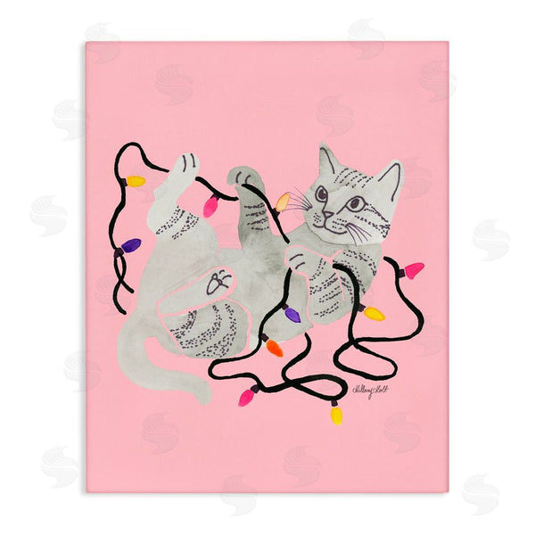 stupell industries Hillary Holt | Cat With Christmas Lights Pink Wall Art