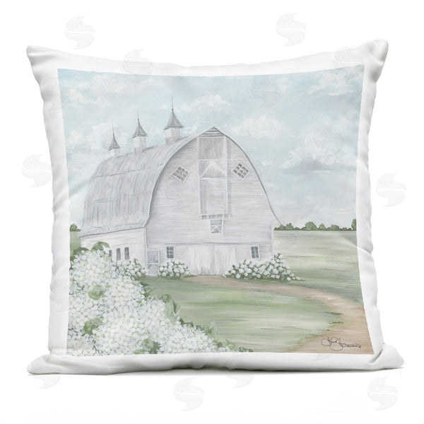 Stupell Industries Hollihocks Art | White Country Barn Landscape Soft Hydrangeas Printed Throw Pillow