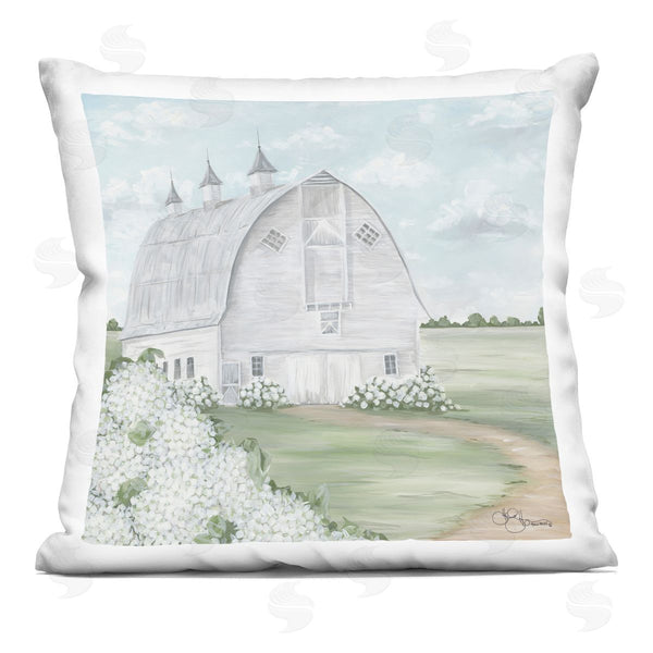 stupell industries Hollihocks Art | White Country Barn Landscape Soft Hydrangeas Printed Throw Pillow