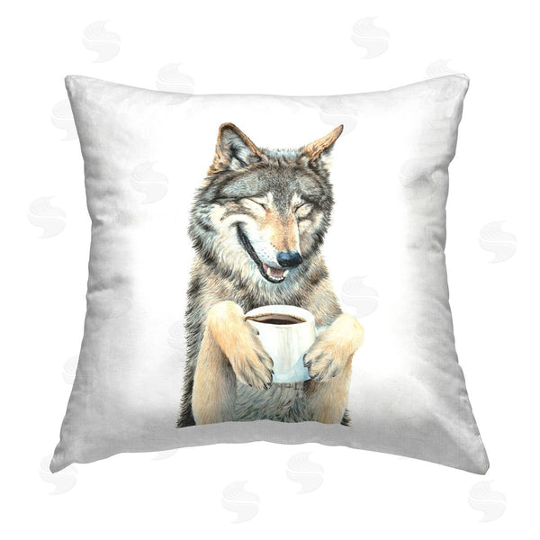 stupell industries Holly Simental | Happy Wolf with Coffee Printed Throw Pillow