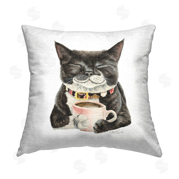 Stupell Industries Holly Simental | Manx Cat Drinking Coffee Printed Throw Pillow