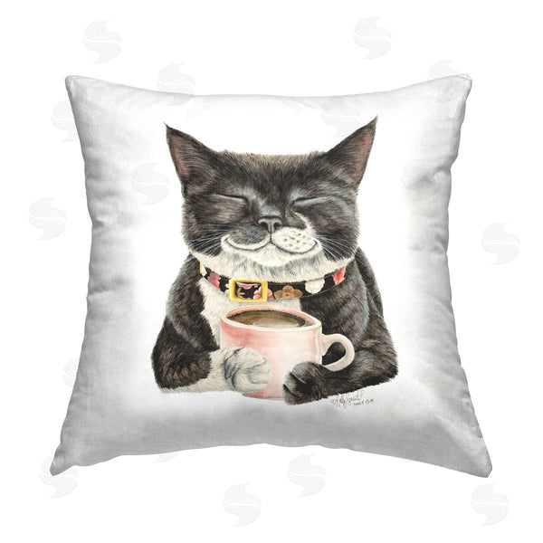 stupell industries Holly Simental | Manx Cat Drinking Coffee Printed Throw Pillow