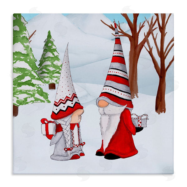 stupell industries Hugo Edwins | Festive Winter Gnome Couple Holiday Presents Garden Elf Wall Art