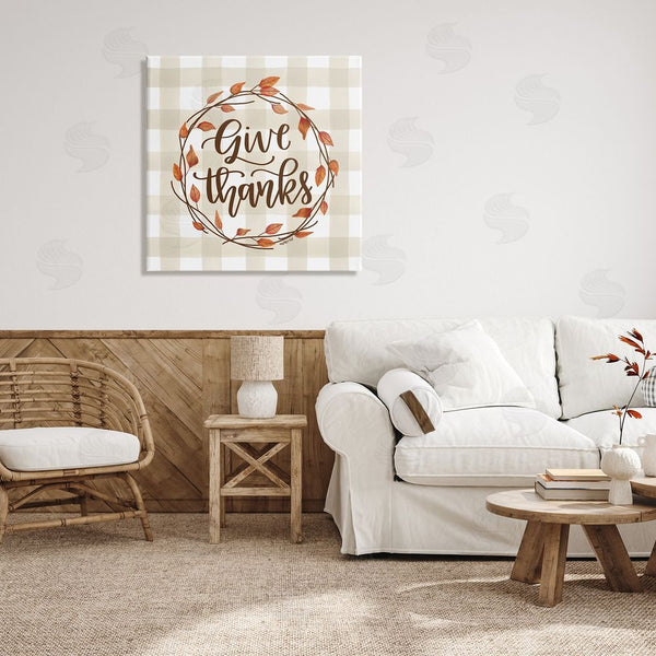 Stupell Industries Imperfect Dust | Give Thanks Neutral Plaid Autumn Leaves Wreath Wall Art