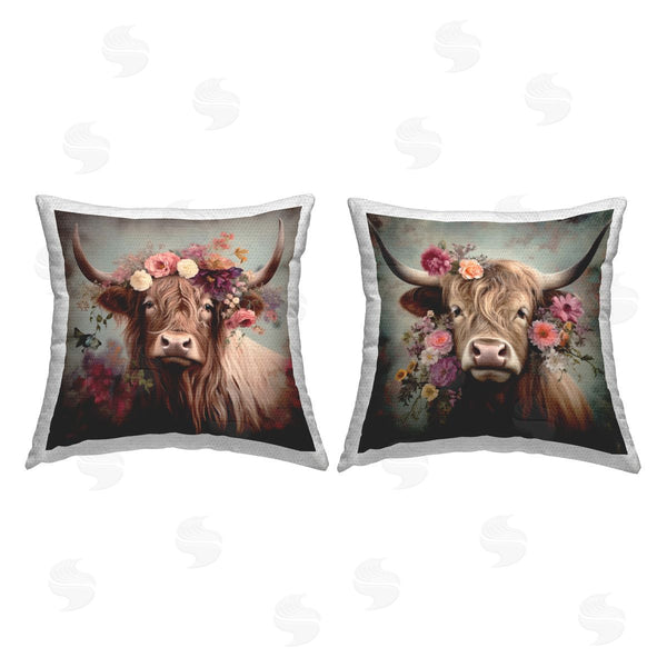 Stupell Industries Irena Orlov | Highland Cow Field Flower Crown Printed Throw Pillow Set