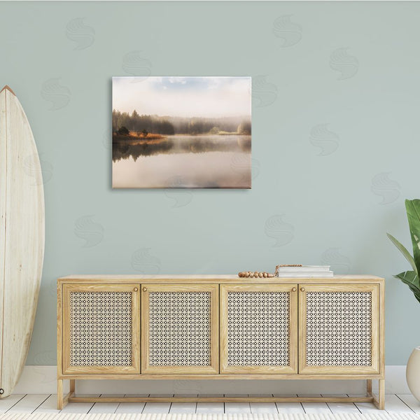 Stupell Industries Irene Weisz | Autumn Lake Misty Landscape Distant Pine Tree Forest Wall Art